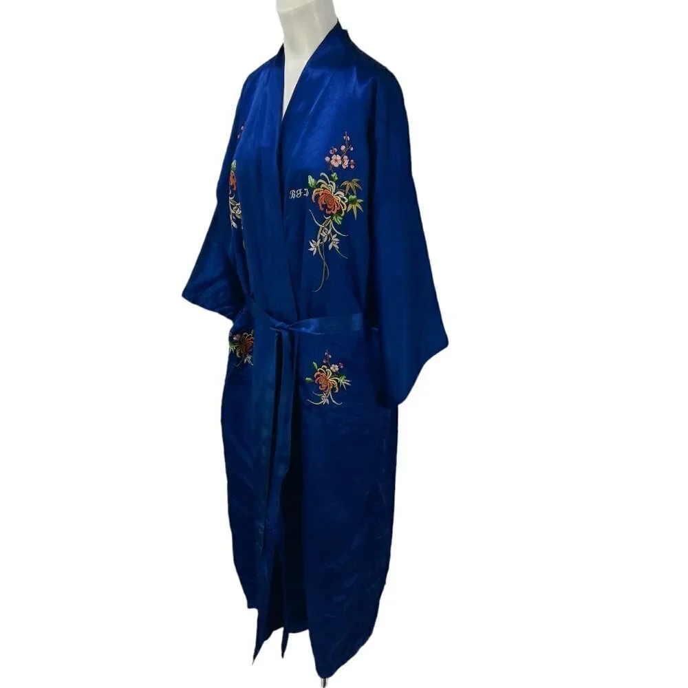 Vintage Silky Kimono Robe Size XL Embroidered Flowers BJD Smoking Jacket Asian - Picture 8 of 12